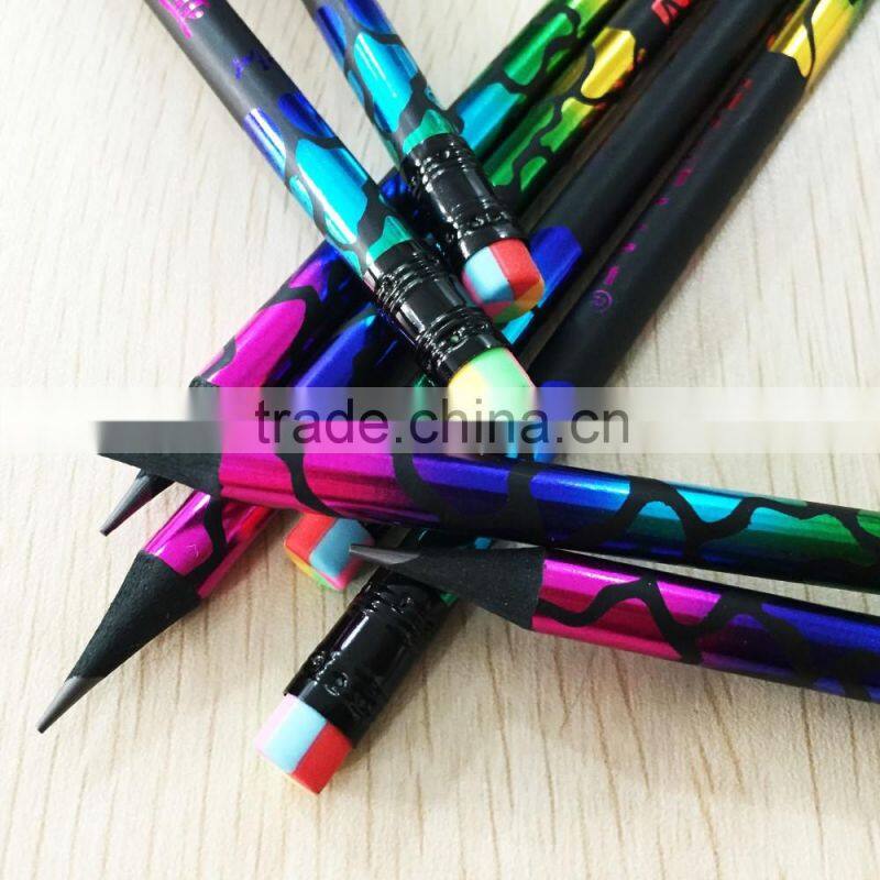 Standard size round shape black wood heat rolling rainbow laser HB pencil sharpened with rainbow eraser