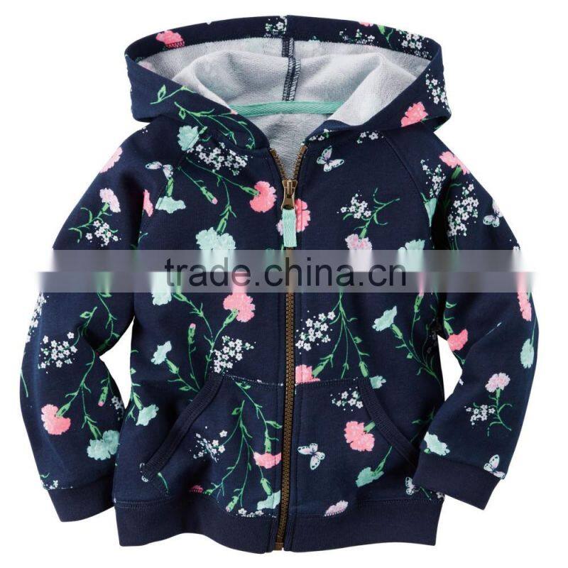 Children Clothes All Over Floral Print French Terry Zipper Up Girls Hoodie