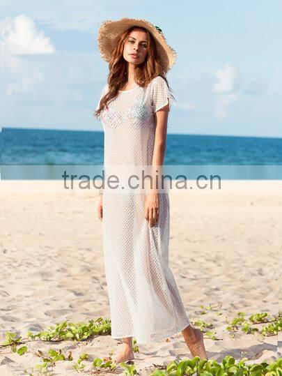 Dresses latest women girl design fashion photos White Pom-pom Decorated Short Sleeve long Dress