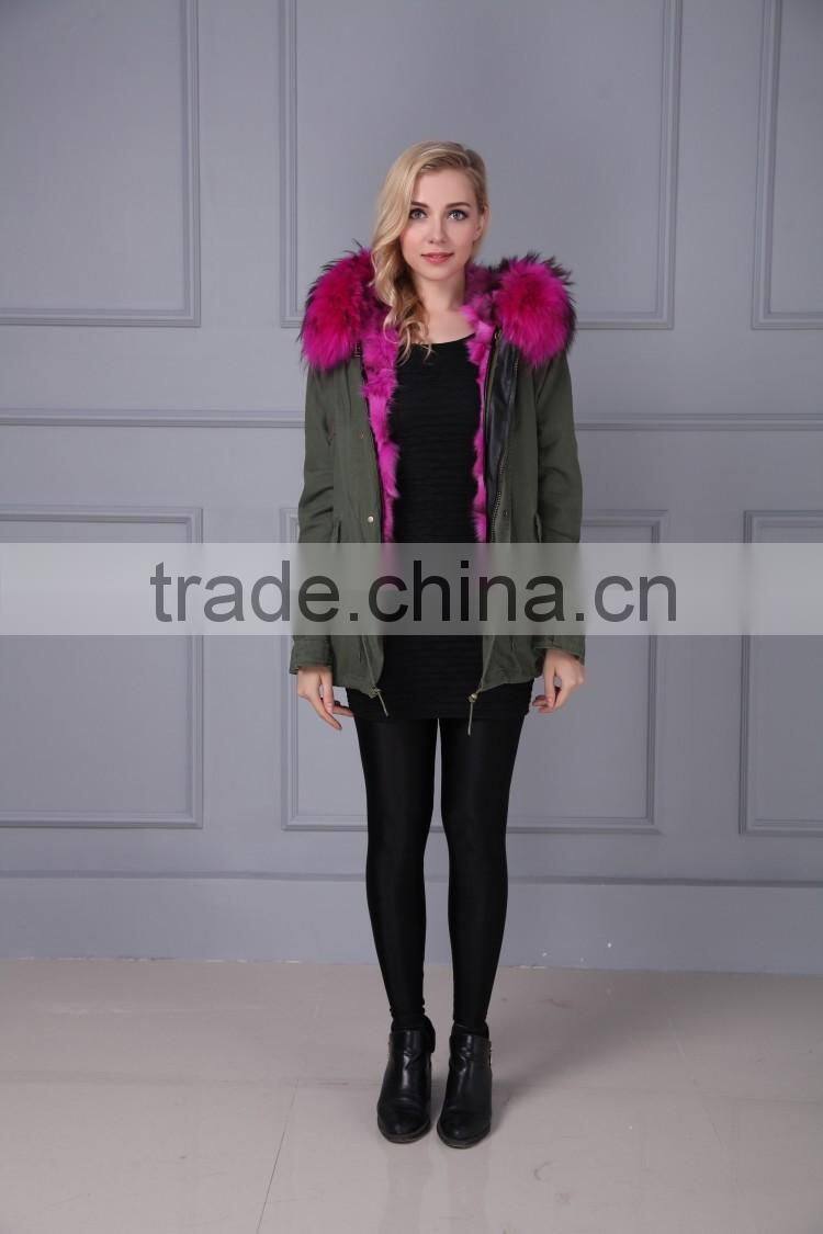 Women Detachable Raccoon Fur Collar Lined Fox Fur Hooded Parka