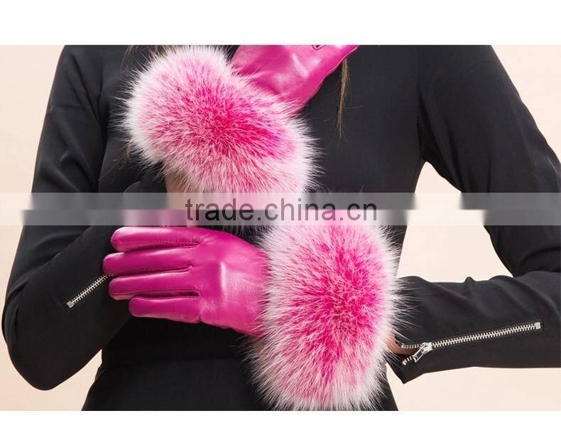 Hot Pink Lamb Leather Gloves With Fluffy Fox Fur Trim Fashion Leather Wrist Gloves