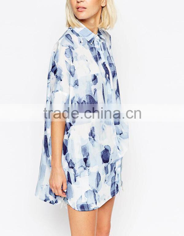 Blue Oversized Print new model woman blouse 2015