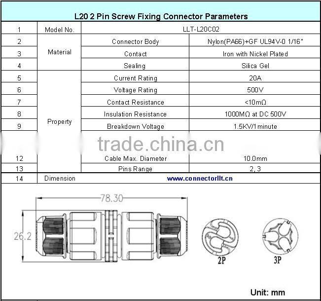 L20 2 pole screw connector solderless waterproof connector street light connector