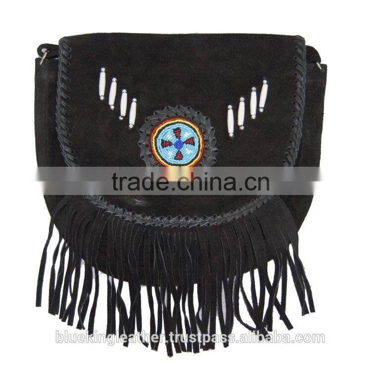 Black Western Style Real Suede Leather Beaded Ladies Shoulder Hand Made