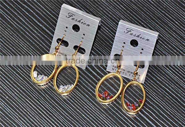 gold plating oval earrings stainless steel glass zirconia float dangle earrings