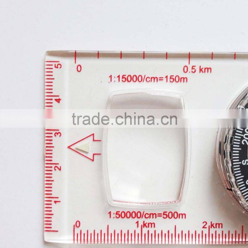 Multifunctional liquid filled map scale compass with magnifier and mirror