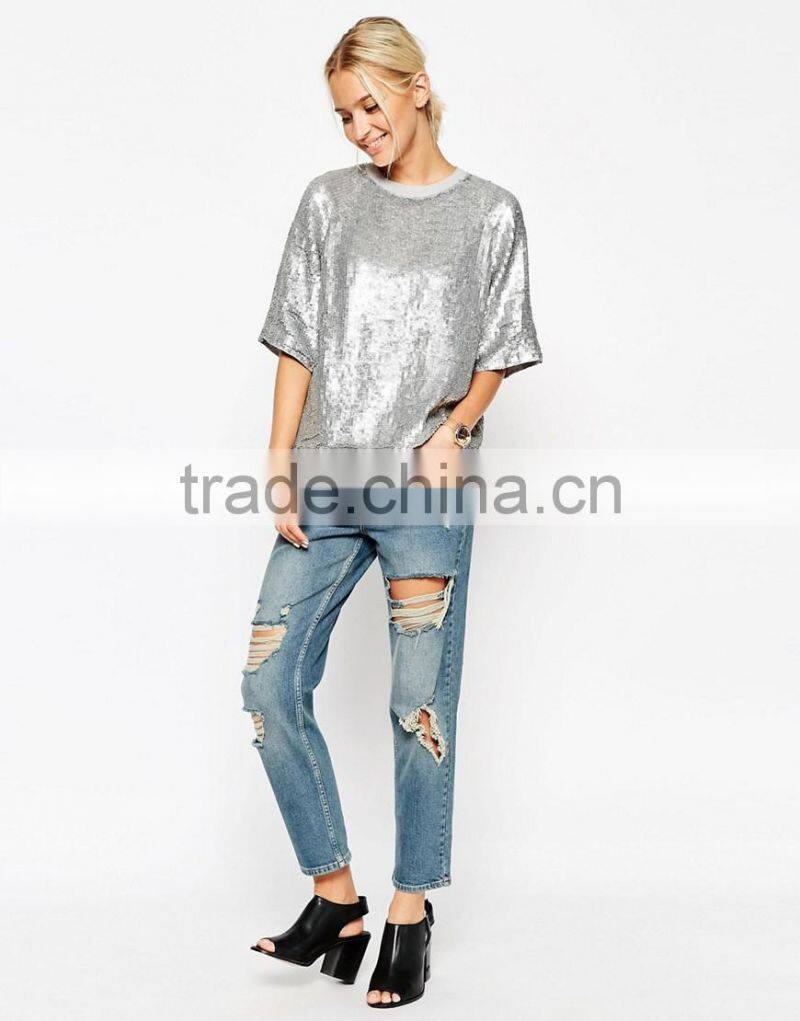 fashionable long sleeve o-neck ladies sequins sparkling t-shirt design