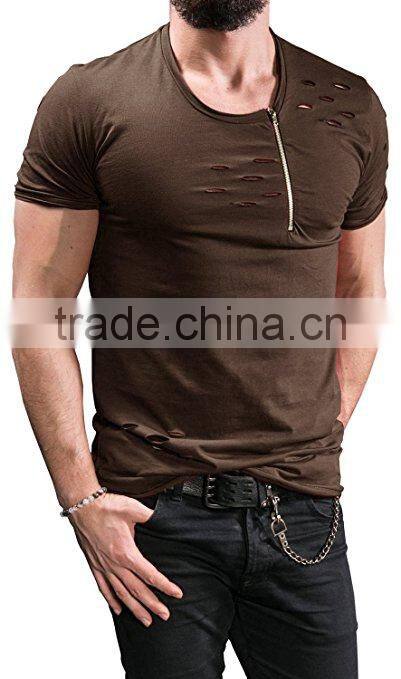 Curved hem blank distressed t shirts mock holes longline tee