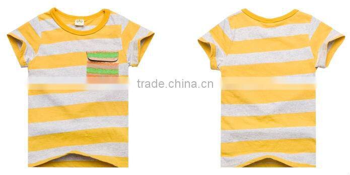 2016 new collection of children stripes customized made short sleeve t shirt with sequined pocket