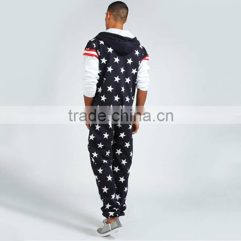 Hot sale 100%cotton star print hooded onesie with side pocket mens onesie