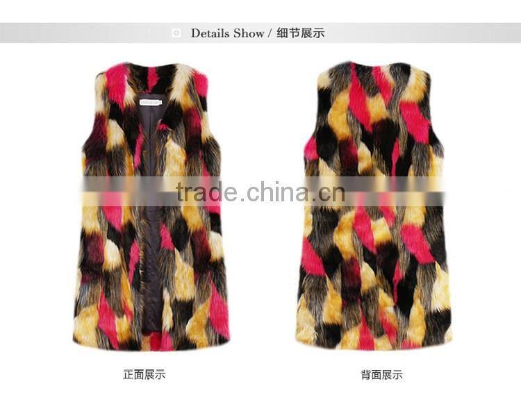 2016 Europe New design colourful warm and soft faux fox fur long coat faux fur overcoat without sleeves