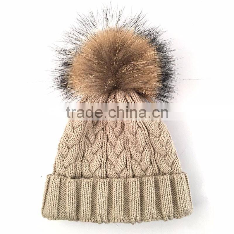 Myfur Cable Knit Hat Wholesale Beanie Cap with Raccoon Fur Pom Poms