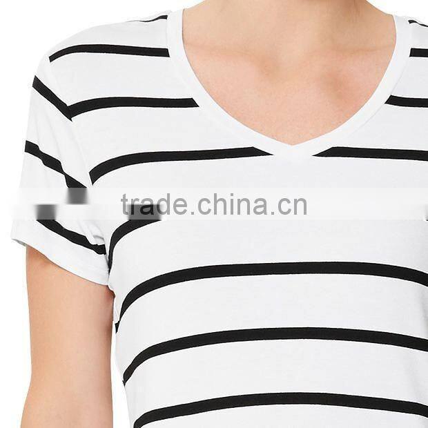 Fashion bulk blank striped t shirts women v-neck t-shirts
