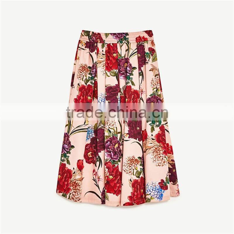 2017 OEM Spring Elegant Flower-printed Circle Skirt with Side Pockets