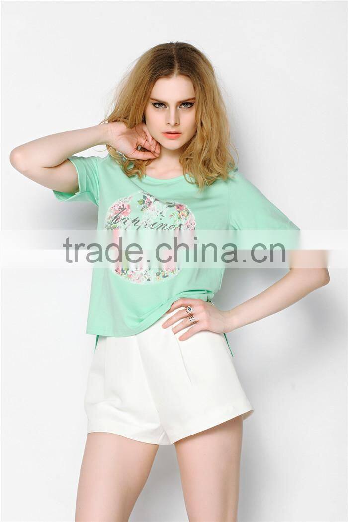 high fashion summer short sleeve lace printed designed crochet top fashion blouses 2015, design short sleeves elegant blouses