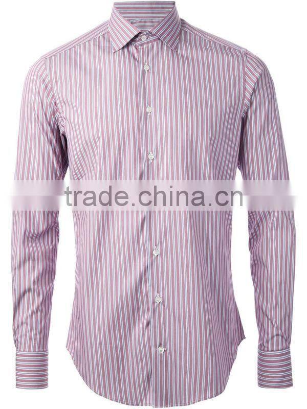 Pink cotton vertical stripes long sleeve men's classic shirt