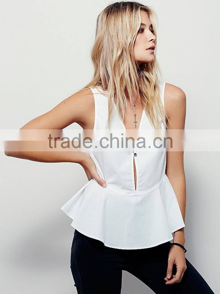 2016 Guangzhou Shandao Bulk Wholesale Fashion Design Summer Casual Sleeveless V Neck White Cotton Women Frock Top