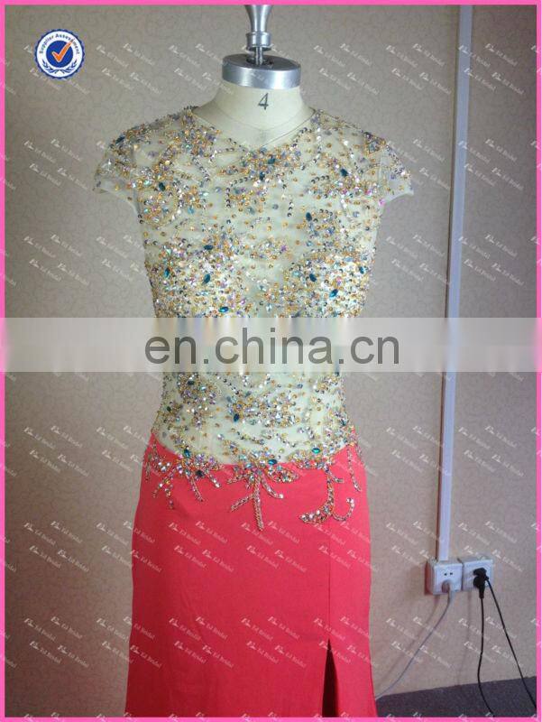 NC920 Delicate Beaded See Through Top 2014 Sexy Side Slit Prom Dress