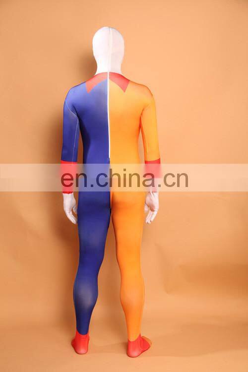 Mens Blue & Yellow Split Second Skin Suit Zentai Clown Fancy Dress Lycra Bodysuit