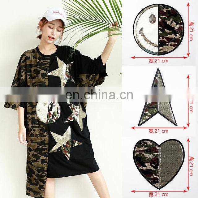 Hot Sale T-shirt Patch Heart Star Smiling Face Embroidery Patch With Camouflage And Sequins