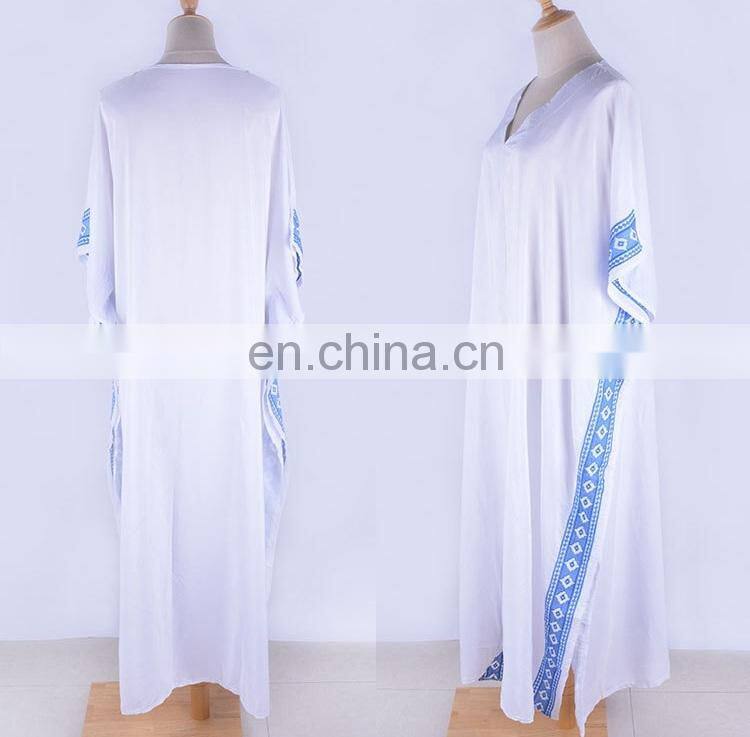 2019 Casual V-Neck Bats Sleeve Side Split Beach Kaftan Loose Summer Dress White Cotton Tunic Women Street Wear Maxi Dress