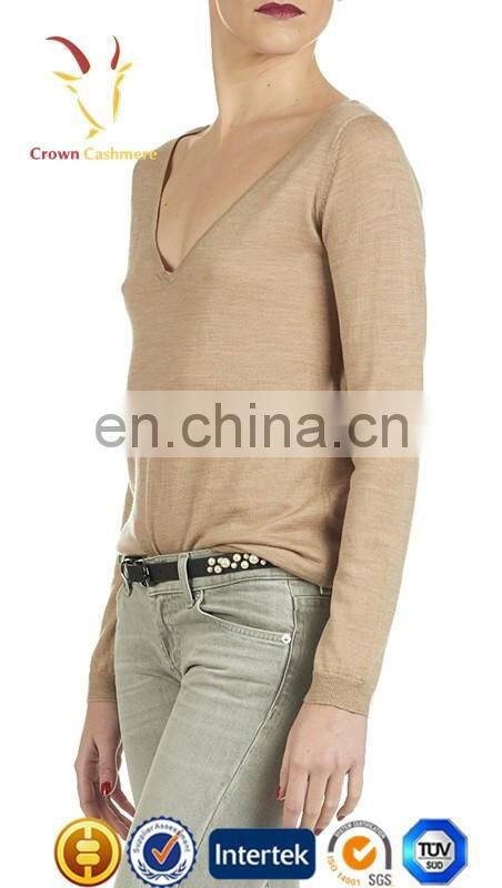Ladies Deep V Collar Long Sleeve Cashmere Sweater