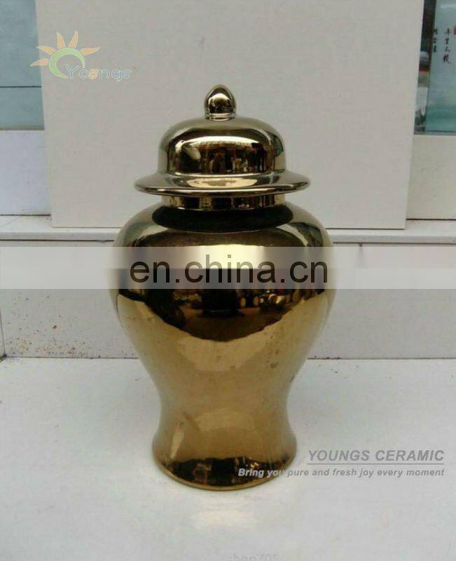 Tall Chinese Plain Gold Color Ceramic Porcelain Temple Jars