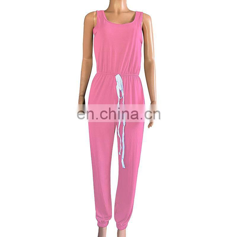 Wholesale customized women's jumpsuit Western style Sexy summer sleeveless vest Round neck Solid color Sports jumpsuit