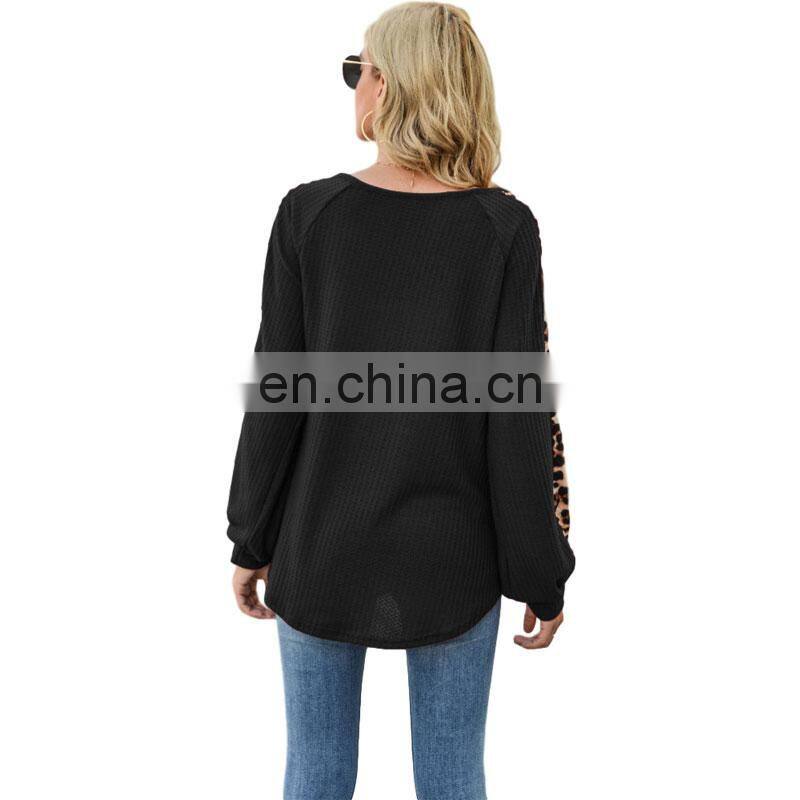 Custom logo spring and autumn women's Amazon autumn and winter new long-sleeved waffle leopard print stitching T-shirt