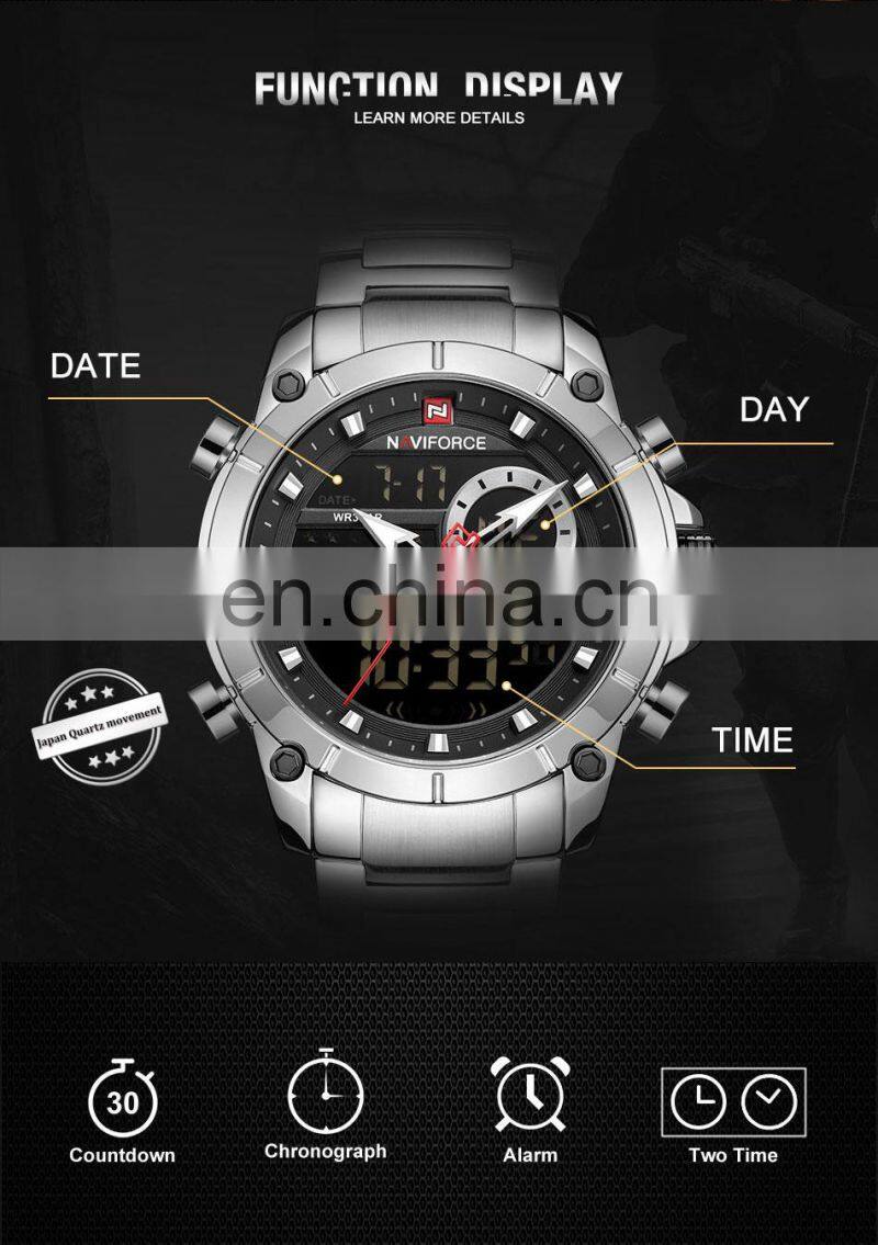 NAVIFORCE 9163 Sport Double Display Quartz Movt Wrist Watch Stainless Steel Luminous 2022 Watches Bling Watches Luxury