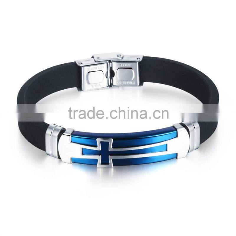 novelty products chinese blue plating cross black silicone bracelet with logo