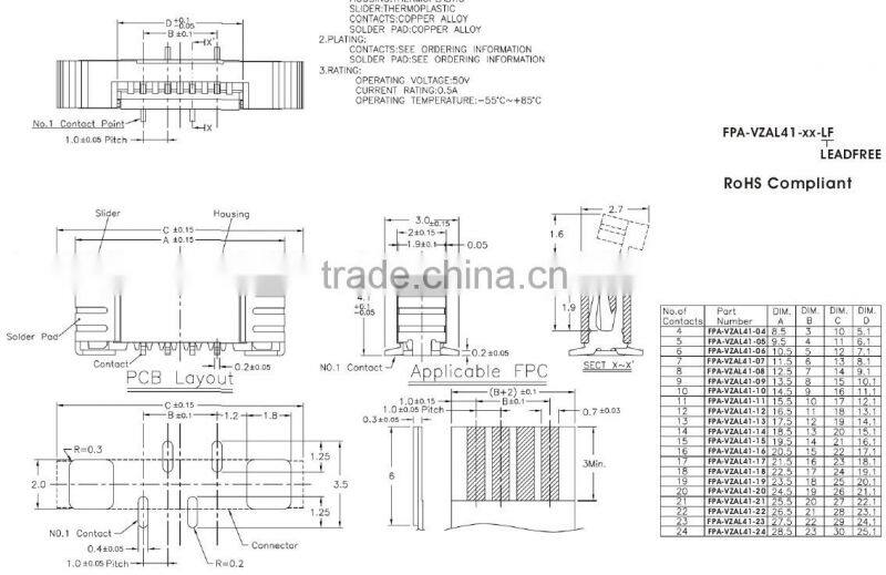 1.00mm Pitch FFC/FPC Connector SMT Pin Height 4.1mm With Zif-Lock Type