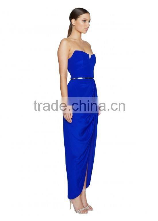Lady's silk crepe de chin long strapless evening dress