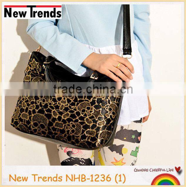 Fashion blue PU and gold skull embroidery handbag
