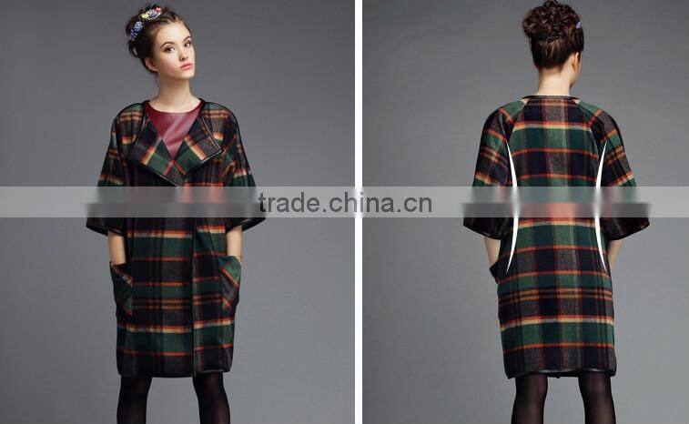New fashion women winter grid pattern leather trimmed wool coats,autumn/winter europe new style women's wool grid coat