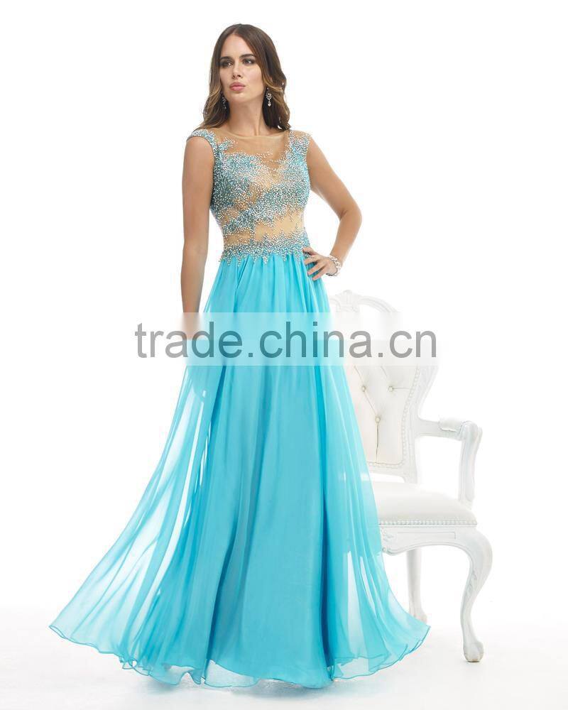 2015 Latest vestidos Evening Dress Design Summer Beaded Plus Size Long Sheer Back Party Dresses Evening Gowns