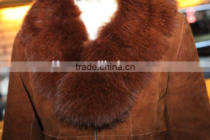 Fashion Design Double Face Shearing Lamb Fur Garment With Fox Fur Collar Detachable