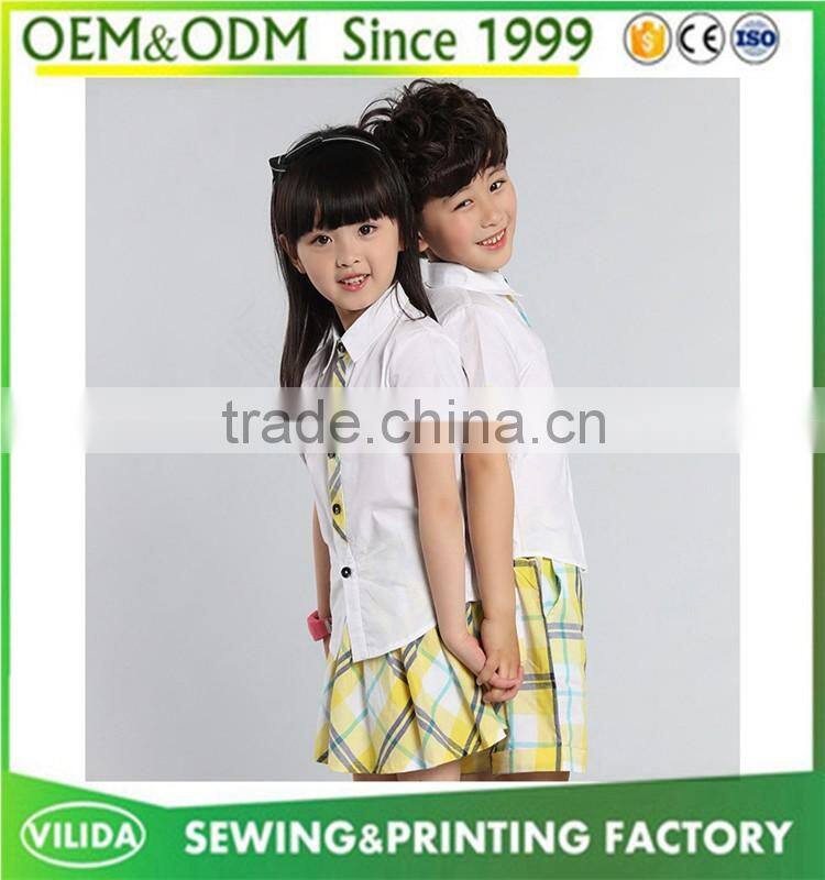 Hot selling kindergarten uniform new fashion primary school uniform white shirt and yellow checked shorts or skirt