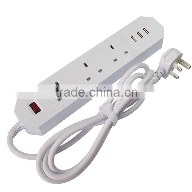OEM AC Output Rated 13A/250V/3250W UK Plug 3 Pin 3-Outlet Power Strip with 3USB Charging Ports Charger