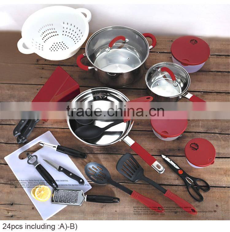 24pcs stainless steel with silicone handle kitchen set/home kitchen pan sets