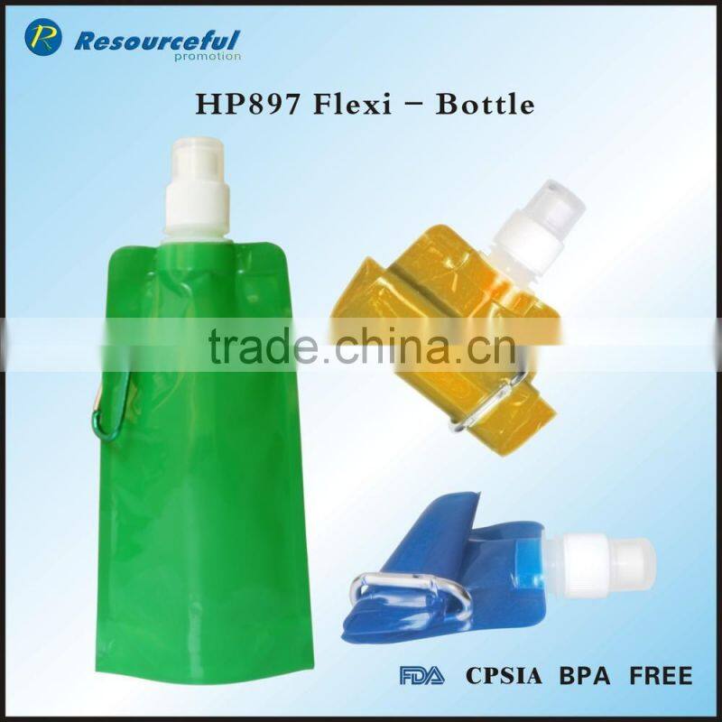850ml big food grade plastic folded water bottle,big mouth carabiner cap water bottle