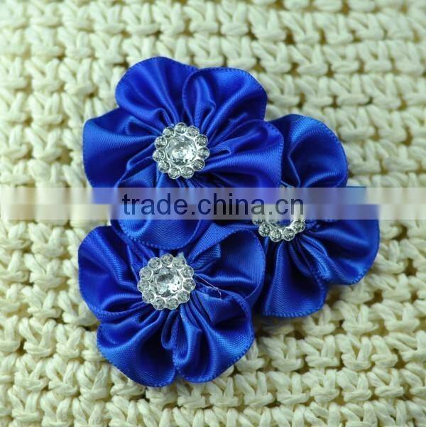 handmade satin flower with rhinestone center for kids hair accessories