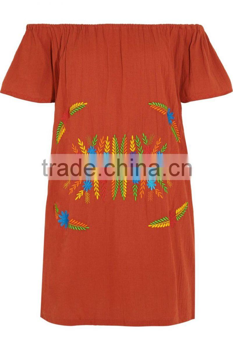 Mexican Women Summer Boho Off-The-Shoulder Colorful Embroidery Patch Crinkled Cotton Mini Names Of Girls Dresses HSD5858