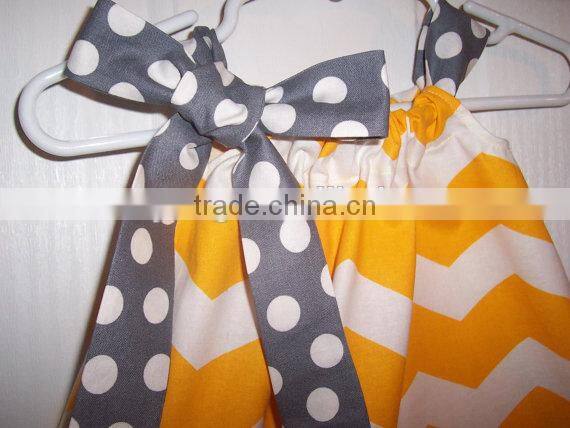 Children's yellow chevron and polka dot hem girls pillowcase dresses with ribbon childrens boutique clothing