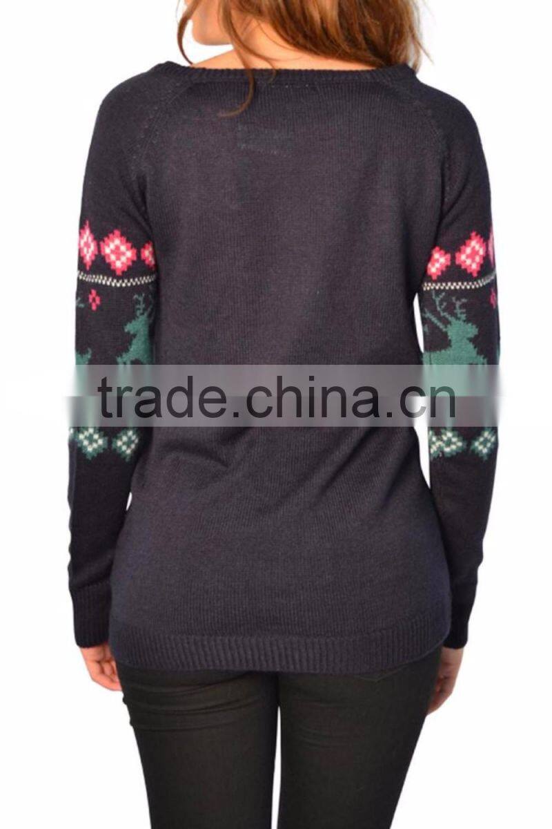 Women Black Sweater Reindeer Pattern Funny Christmas Sweater