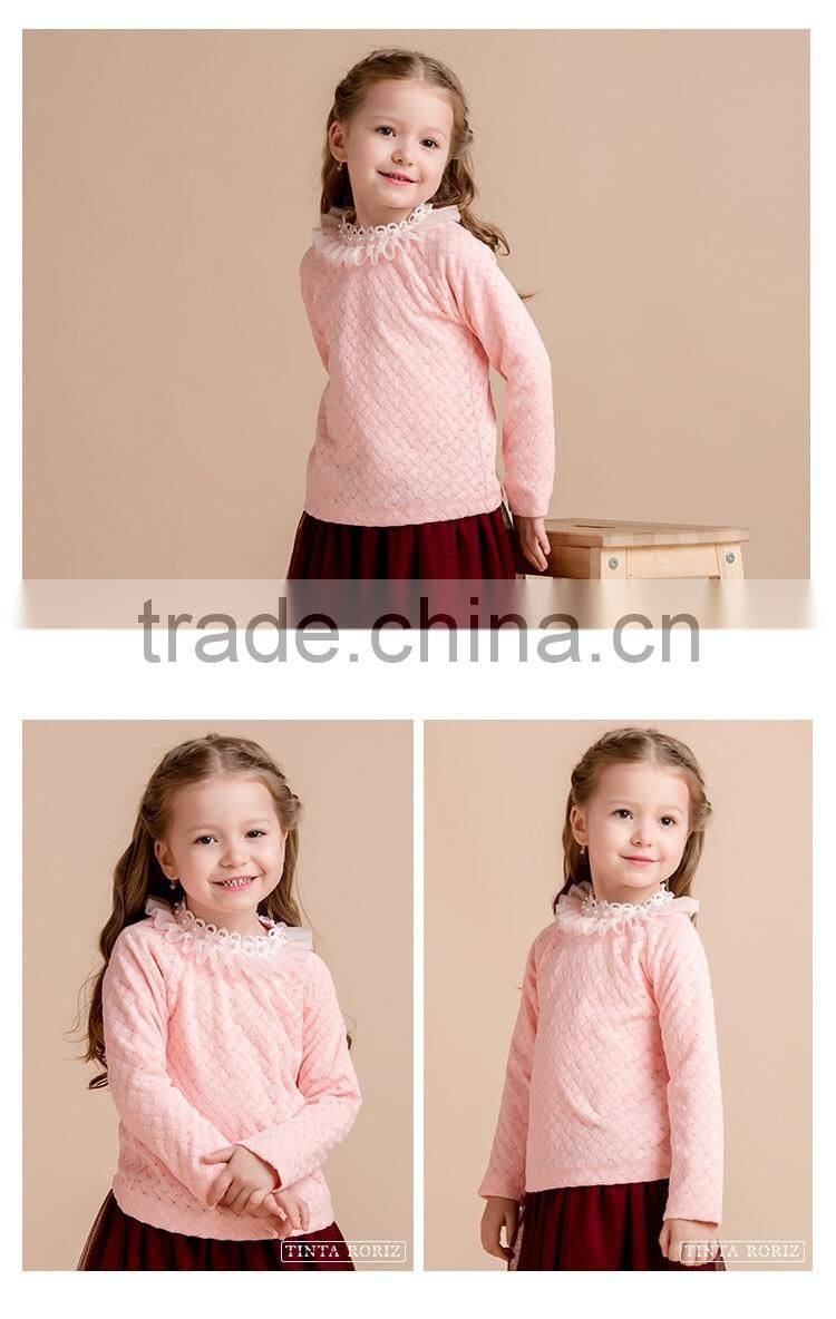 Winter Girls Knitted t Shirt Decorated With Lace And Pearl Around Neck Kids Long Sleeve Clothes