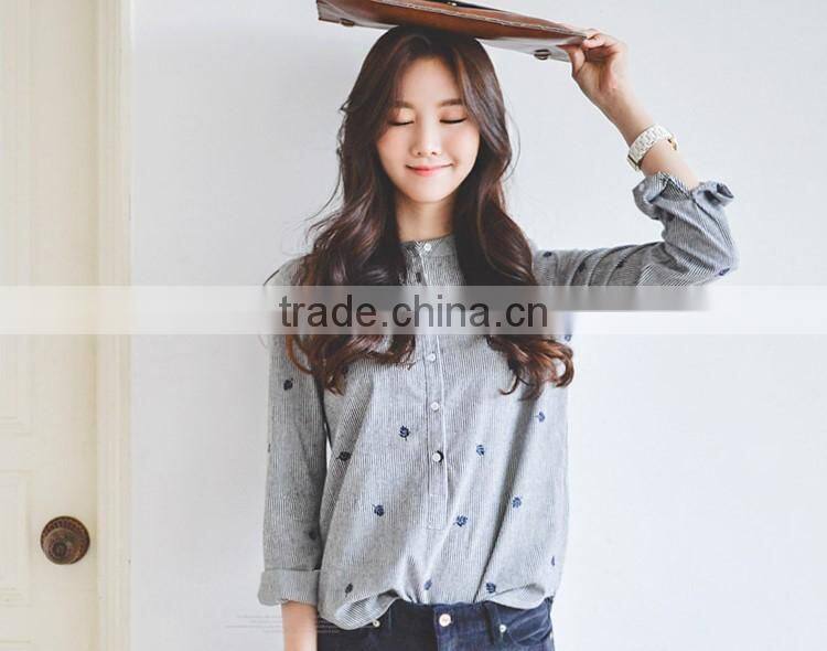 100 cotton comfortable long sleeve leaves Embroidery striped shirts for women stand collar shirts