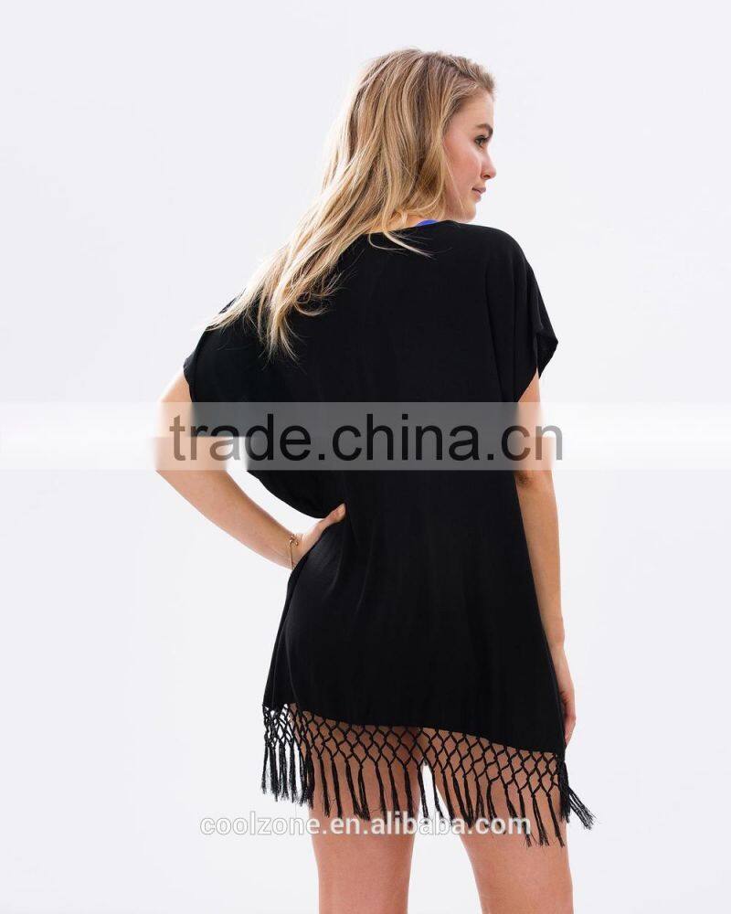 Women Oversized v neck coverup sexy kaftan with fringe