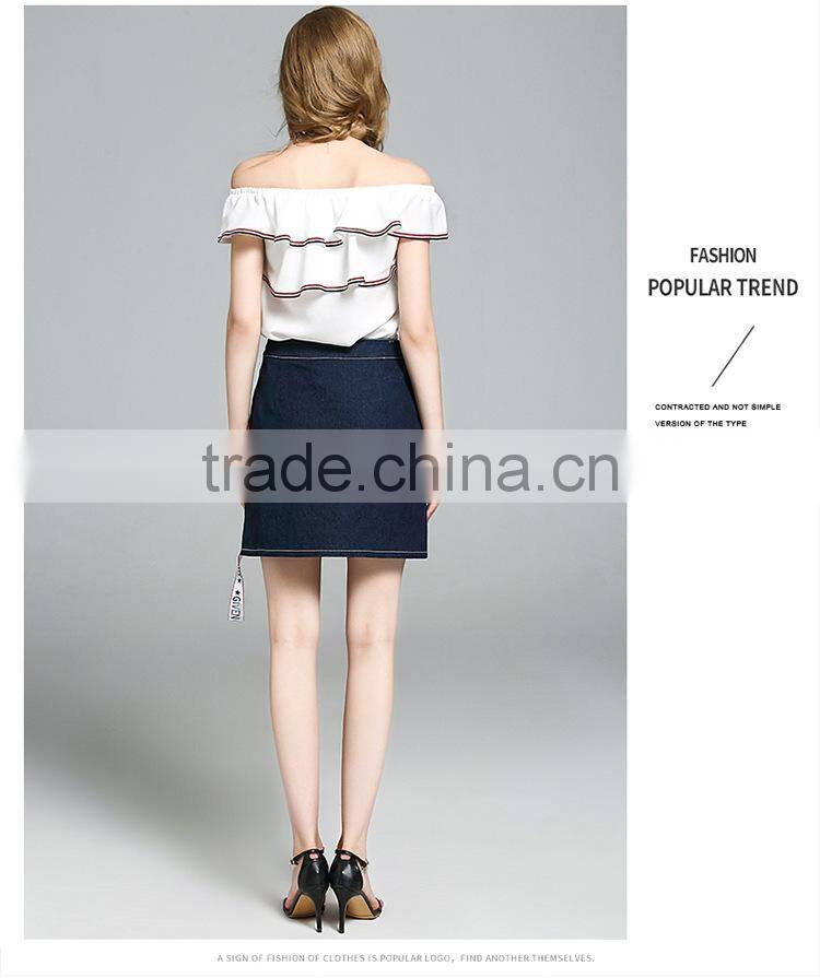 2017 fashion summer for women Fashion elegant one shoulder blouse with denim skirt two pieces