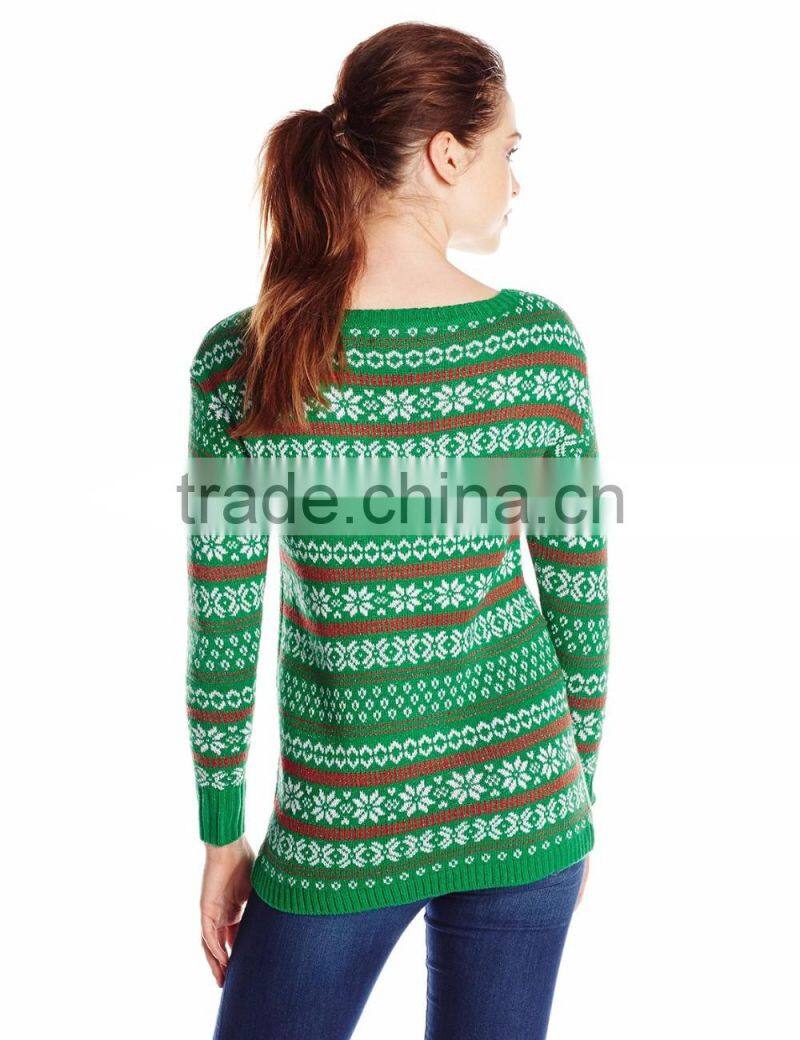 Women Green Sweater Red Sequin Pattern Christmas Jumpers